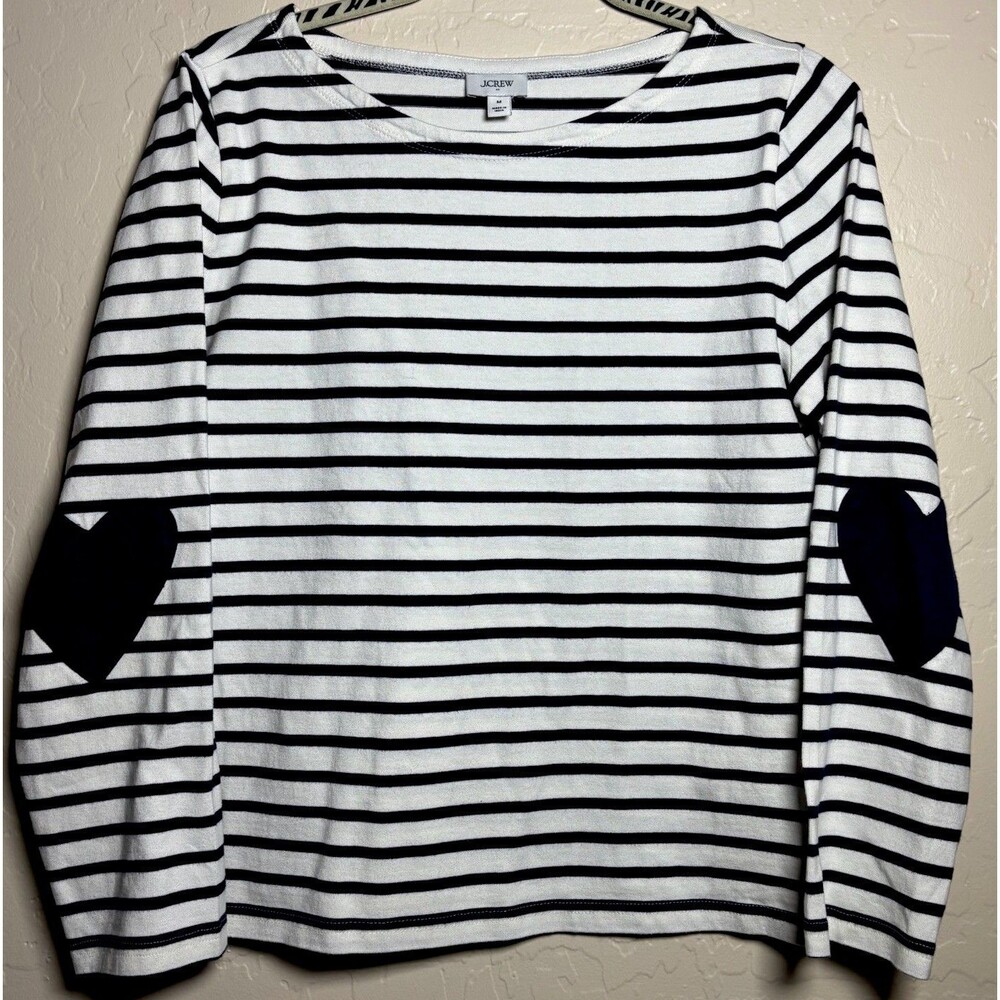 J.Crew Womens M Navy White Striped Boatneck Top Heart Elbow Patches Cotton